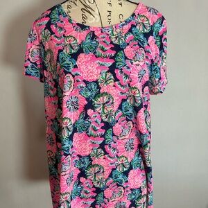 Lilly Pulitzer Pink and Blue Floral Short Sleeve Top Large 100% Cotton